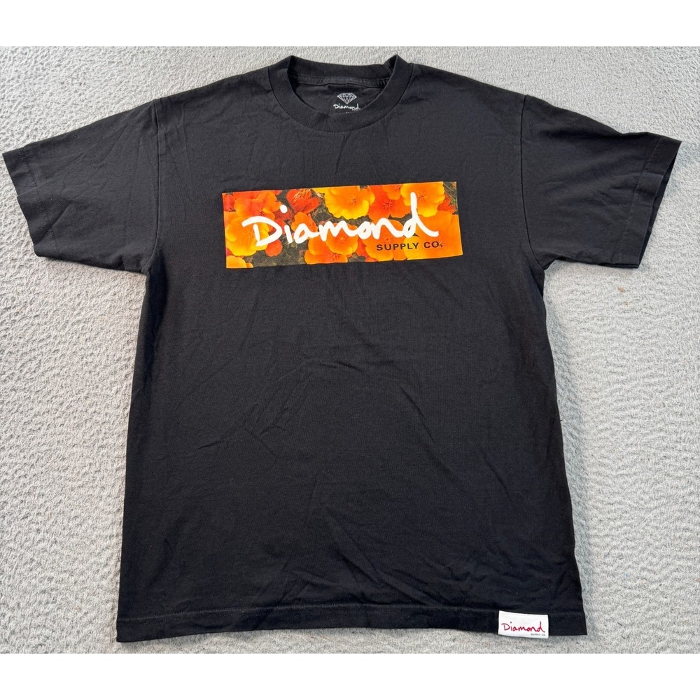 Diamond Supply Shirt Men's Medium Black Box‎ Logo Graphical Tee Floral Summer